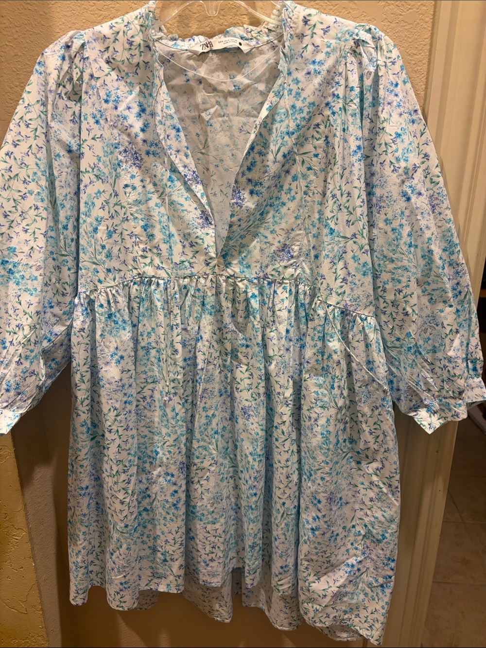 ZARA Blur Flora Ruffle Tie-Neck Babydoll Mini Dress size Small - Picture 4 of 6